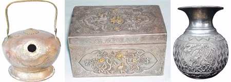 Bình vôi bằng bạc, đời Khải Định; hộp đựng thuốc bằng bạc, đời Khải Định; ống nhổ bằng bạc, đời Khải Định.