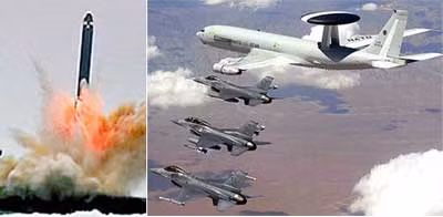 Tên lửa Nga (trái) và máy bay NATO.