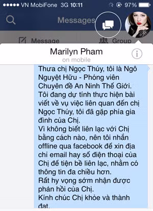 Nội dung mà PVchuyên đề ANTG nhắn qua facebook của siêu mẫu Ngọc Thúy… …nhưng người mẫu Ngọc Thúy đã nói theo ý khác đi.