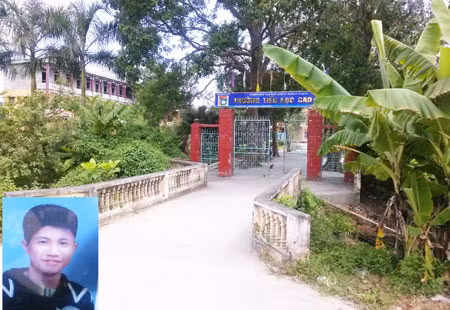 Cổng trường tiểu học xã Cao An, nơi xảy ra vụ xô xát làm tử vong em Nguyễn Văn Dần (ảnh nhỏ).