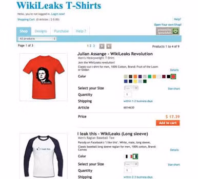 Cửa hàng trực tuyến bán áo thun của Wikileaks.