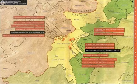 Bản đồ thể hiện những cuộc tấn công drone của CIA nhằm vào vùng Waziristan từ ngày 1/12/2009 đến ngày 21/1/2010.