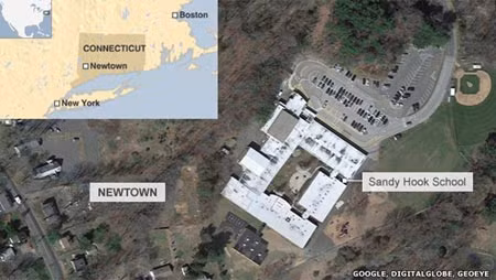 Toàn cảnh Trường Tiểu học Sandy Hook ở thành phố Newtown bang Connecicut - nơi xảy ra vụ thảm sát kinh hoàng.