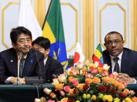 Thủ tướng Nhật Shizo Abe (trái) và đồng nhiệm Ethiopia Hailemariam Desalegn tại cung điện quốc gia, Addis Abeba.