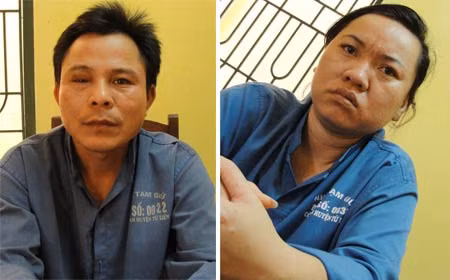 Gã xe ôm bất nhân Nguyễn Chí Bảy và chủ quán cà phê thư giãn Tạ Thị Hồng tại Công an huyện Từ Liêm.