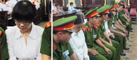 Huyền Như và các bị cáo khác trước giờ diễn ra phiên tòa.
