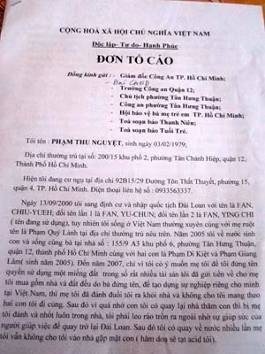 Lá đơn tố cáo bà Lành của chị Nguyệt.