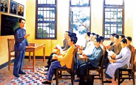 Nguyễn Ái Quốc giảng bài tại lớp huấn luyện cán bộ Cách mạng Việt Nam tại Quảng Châu, Trung Quốc.
