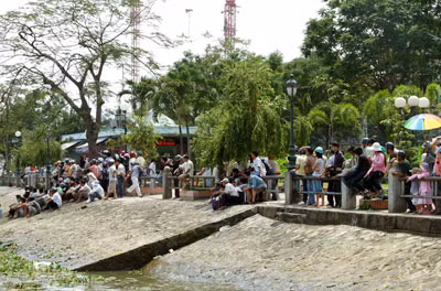 Người dân tụ tập khá đông trên bến sông Bạch Đằng để theo dõi sự kiện lai dắt đốt hầm.