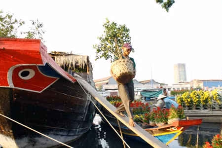 “Đã 3 năm rồi, cứ Tết đến, tôi lại theo anh trai xuôi dòng nước đến Bến Bình Đông để bán hoa cho người dân Sài Gòn”. Anh Bảy (27 tuổi, Bến Tre) tâm sự.