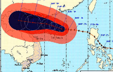 Hướng đi và tầm ảnh hưởng của cơn bão số 3 mang tên Nock Ten (ảnh: NCHMF).