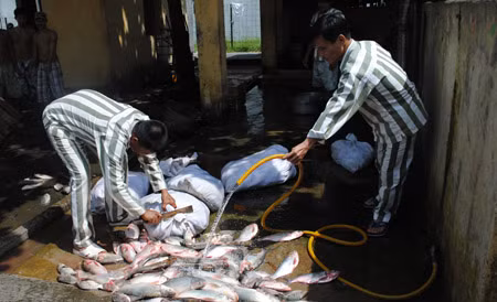Các phạm nhân ở Trại giam Xuân Lộc đang chuẩn bị bữa ăn chiều.