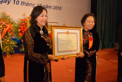 Phó Chủ tịch nước Nguyễn Thị Doan trao Bằng chứng nhận danh hiệu Anh hùng Lao động cho Công ty Traphaco. Ảnh: CTV.