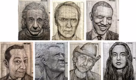 Từ trên xuống, trái qua: Bác học Albert Einstein; Tài tử Clint Eastwood; Tổng thống B. Obama; Quái kiệt Pee-Wee Herman; Diễn viên David Carradine; Huyền thoại âm nhạc Bob Dylan; Nữ ca sĩ Fiona Apple.