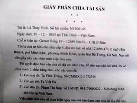 Giấy phân chia tài sản của bà Vinh.