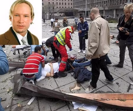 Anders Behring Breivik (ảnh nhỏ) và hiện trường vụ đánh bom Khu nhà Chính phủ tại Oslo.