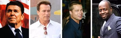 Từ trái qua: Tổng thống thứ 40 của Mỹ Ronald Reagan; Thống đốc bang California Arnold Schwarzenegger; siêu sao Hollywood Brad Pitt; nam ca sĩ, nhạc sĩ nổi tiếng Wyclef Jean.