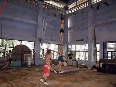 Nghệ sĩ xiếc trên sàn tập.