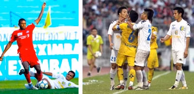 Những pha bóng thế này xuất hiện nhan nhản ở sân chơi V.League. Ảnh: Quang Minh.