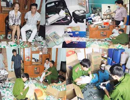 Vợ chồng Lê Sĩ Thiệu, Lê Thị Thanh và các tang vật thu được tại nơi sản xuất ma túy tổng hợp.