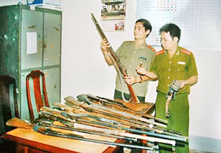 Các loại súng bắn đạn hoa cải bị Công an thu giữ.