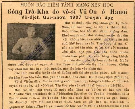 Bài quảng cáo về võ sĩ Vũ Ổn trên Tiểu Thuyết Thứ Bảy số 273, phát hành ngày 26/8/1939.