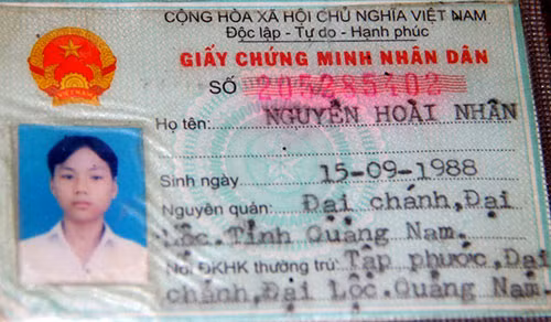 Giấy CMND của đối tượng "kéo lê CSGT" Nguyễn Hoài Nhân.