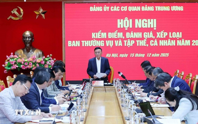 Quang cảnh hội nghị kiểm điểm, đánh giá, xếp loại Ban Thường vụ và tập thể, cá nhân năm 2025 của Đảng ủy các cơ quan Đảng Trung ương. (Ảnh: Phương Hoa/TTXVN)