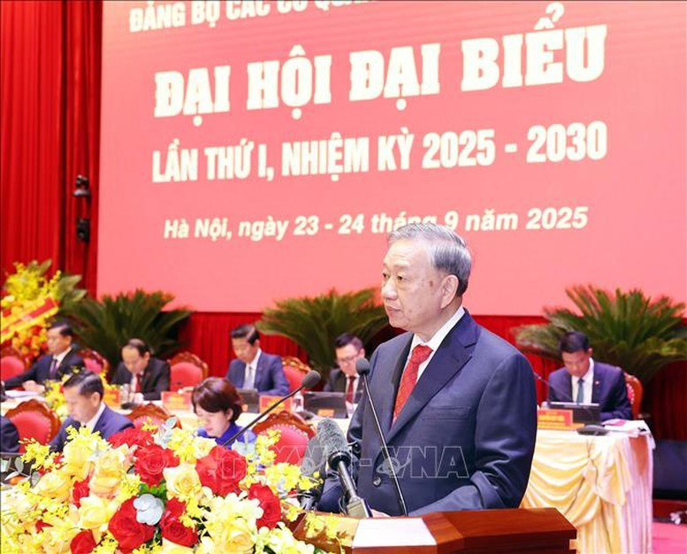 Tổng Bí thư Tô Lâm nhấn mạnh, Đại hội đại biểu Đảng bộ các cơ quan Đảng Trung ương lần thứ I, nhiệm kỳ 2025-2030 là sự kiện chính trị có ý nghĩa đặc biệt, đánh dấu bước phát triển mới của Đảng bộ các cơ quan Đảng Trung ương - tổ chức Đảng có vị trí rất quan trọng trong hệ thống chính trị - Ảnh: TTXVN