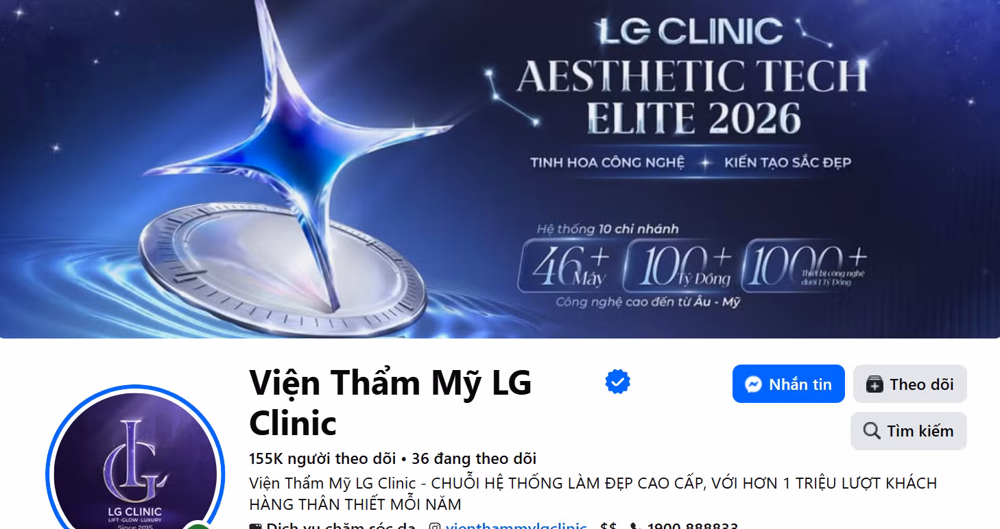 Trang mạng xã hội của Trung tâm Thẩm mỹ LG Clinic.