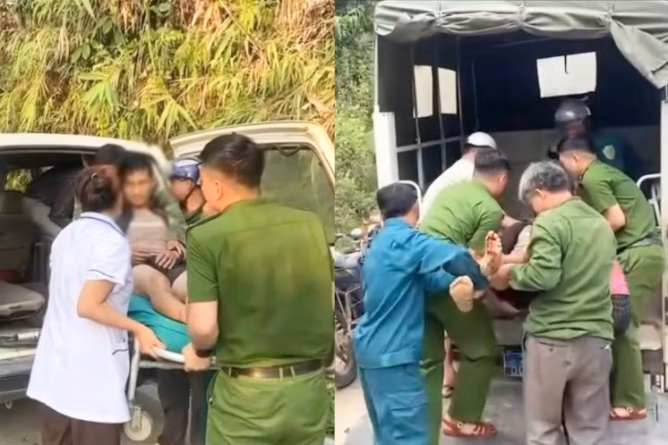 Công an xã Quảng Nguyên phối hợp với lực lượng chức năng đưa anh T.T.C. đi cấp cứu.