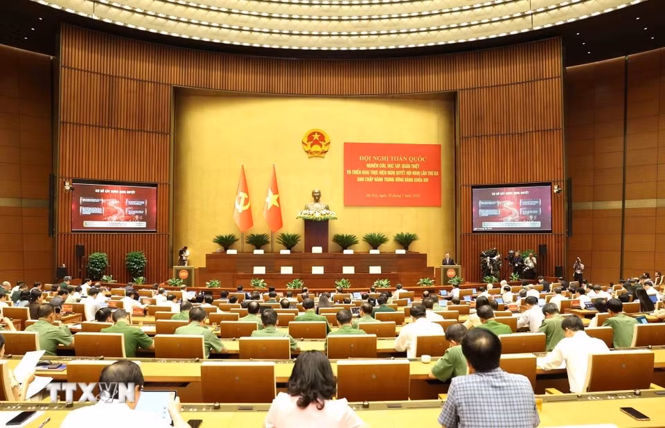 Toàn cảnh hội nghị tại điểm cầu trung tâm - Hội trường Diên Hồng, Nhà Quốc hội (Hà Nội). (Ảnh: Phương Hoa/TTXVN)