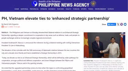 Hãng thông tấn Philippines đưa tin về việc hai nước nâng cấp quan hệ lên Đối tác Chiến lược toàn diện tăng cường. Ảnh chụp màn hình.