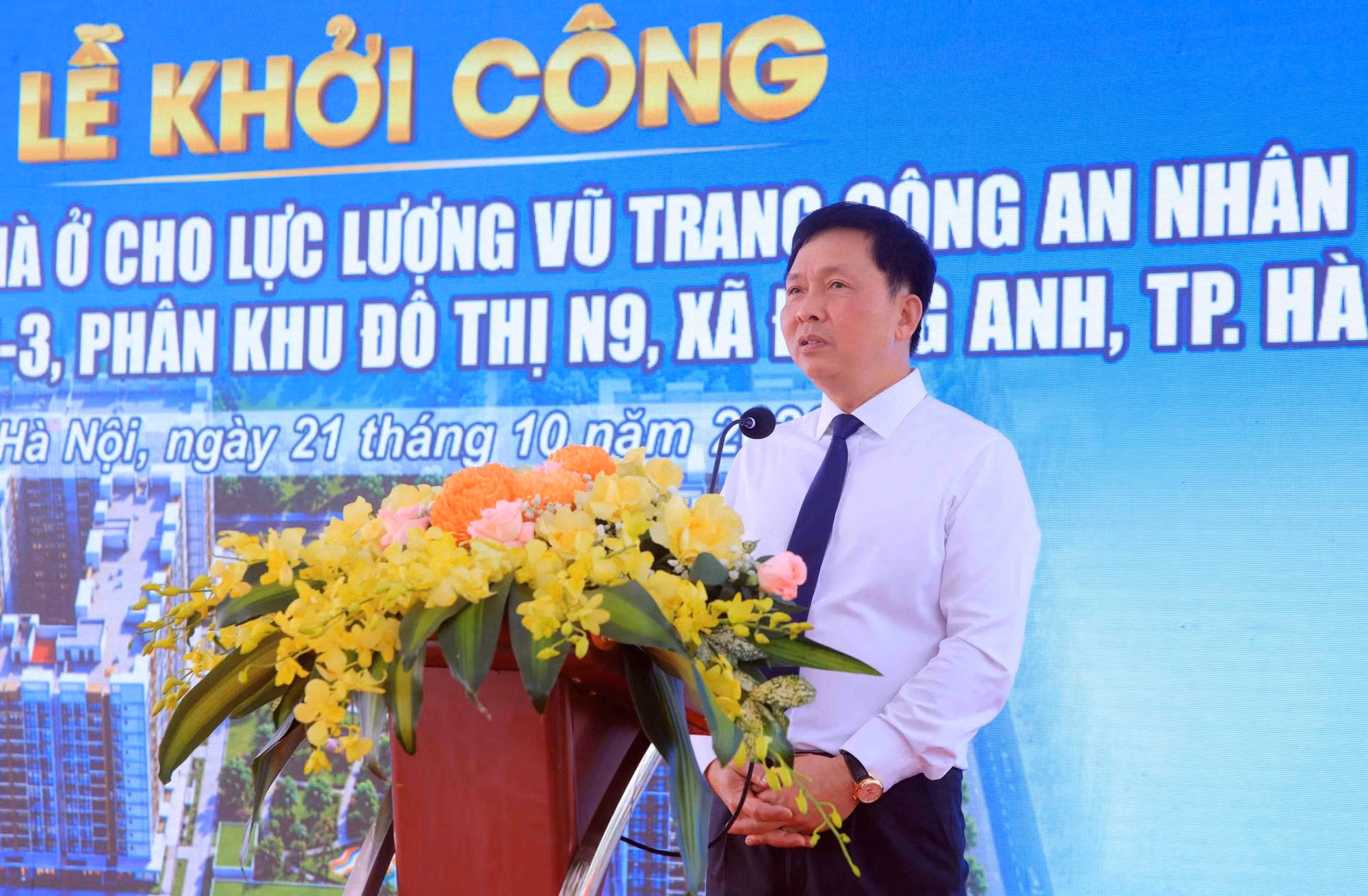 Ông Vũ Văn Hải, Tổng Giám đốc Công ty Cổ phần Đầu tư phát triển Thái Hà phát biểu tại lễ khởi công dự án.