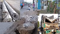 Xe tải tông gãy trụ điện, sập mái hiên nhà dân