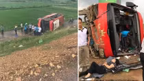 Đâm vào dải phân cách, xe khách lật nghiêng lao xuống đường dân sinh