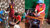 Nữ chiến sĩ mũ nồi xanh may khẩu trang ở Trung Phi