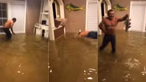 Tay không bắt cá trong nhà sau siêu bão Harvey 