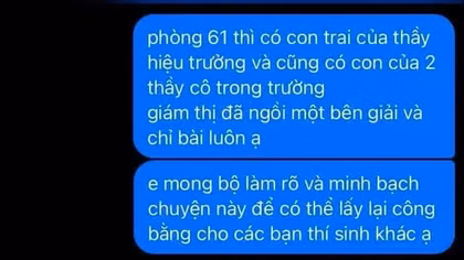 Nội dung đoạn tin nhắn tố cáo liên quan đến kỳ thi tốt nghiệp Trung học phổ thông ở Trường THPT Lê Trực, tỉnh Quảng Trị.