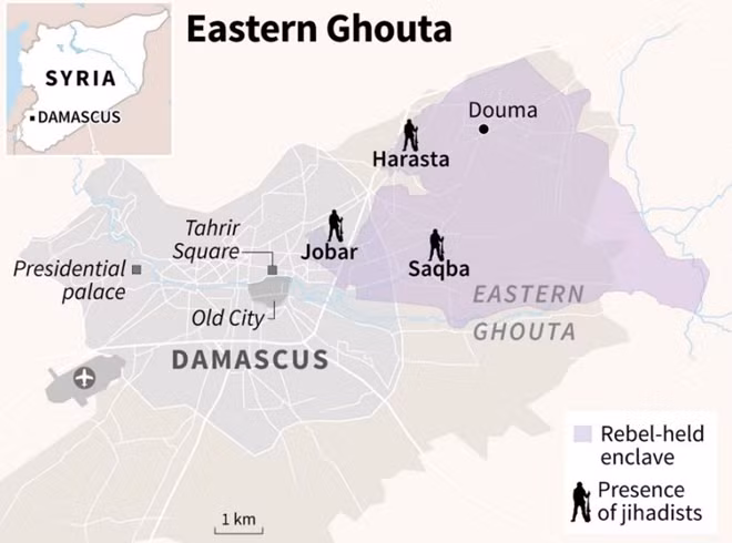 Bản đồ khu vực Đông Ghouta. Đồ họa: Internet