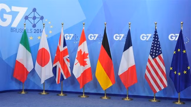Cờ các nước G7 trong một hội nghị tại Brussel, Bỉ. Ảnh: ITN
