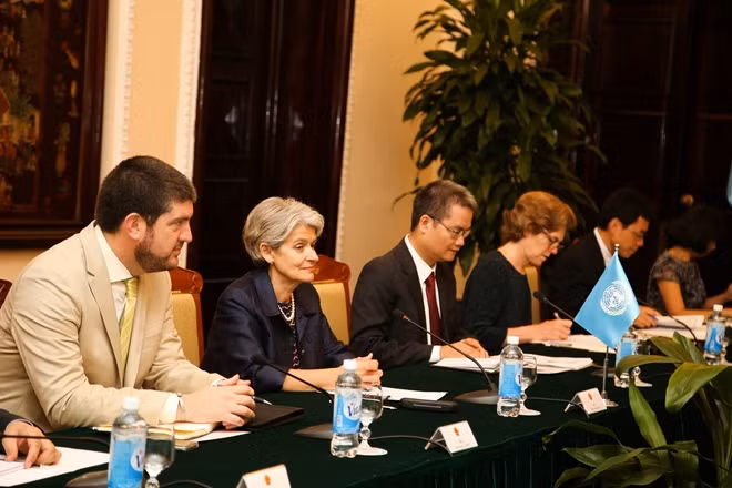 Tổng Giám đốc UNESCO Irina Bokova phát biểu tại buổi hội đàm.