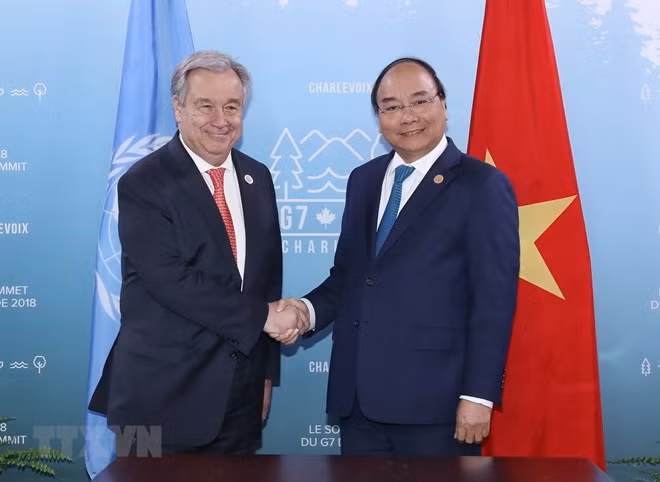 Thủ tướng Nguyễn Xuân Phúc gặp Tổng Thư ký Liên hợp quốc António Guterres. Ảnh: TTXVN Thủ tướng Nguyễn Xuân Phúc gặp Tổng Thư ký Liên hợp quốc António Guterres. Ảnh: TTXVN