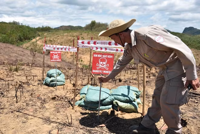 Thành viên của Tổ chức Peace Trees Việt Nam làm việc tại một địa điểm tháo gỡ bom mìn. Ảnh: DSQ Mỹ