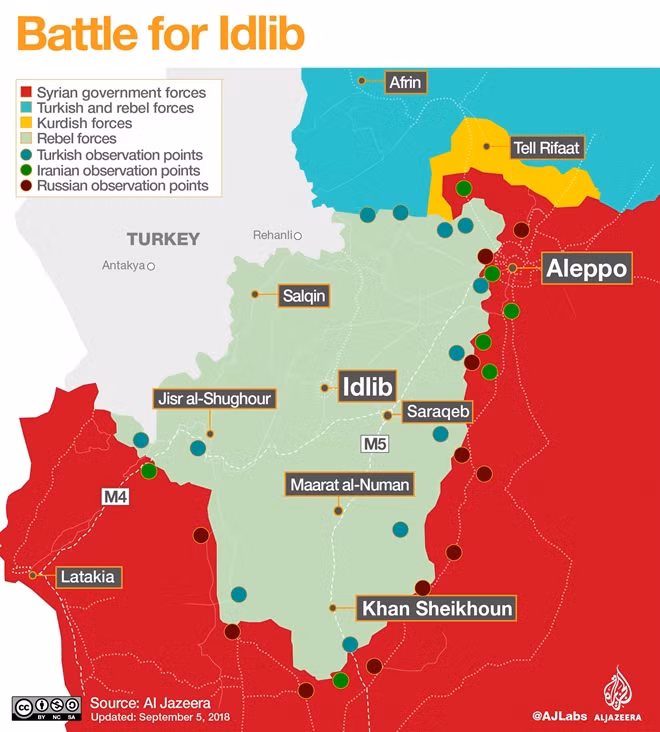 Bản đồ lãnh thổ chiếm đóng của các phe ở Bắc Syria. Ảnh: al-Jazeera