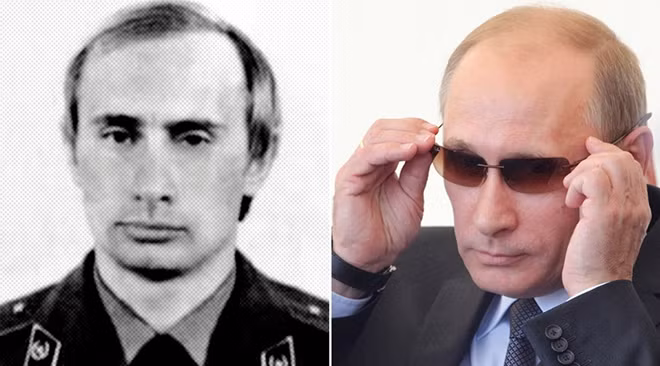 Bức ảnh chụp Tổng thống Putin khi còn là sĩ quan tình báo KGB và ảnh chụp năm 2013. Ảnh: RT