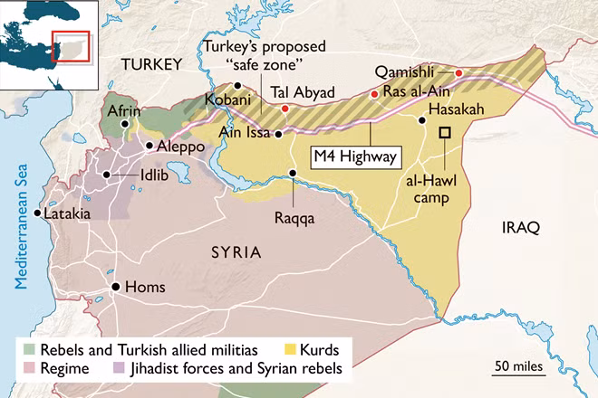 Bản đồ thể hiện tình hình Bắc Syria, trong đó các điểm chấm đỏ là thị trấn đã bị Thổ Nhĩ Kỳ chiếm đóng, phần gạch chéo là vùng đất mà Thổ Nhĩ Kỳ muốn người Kurd rút khỏi. Ảnh: ITN