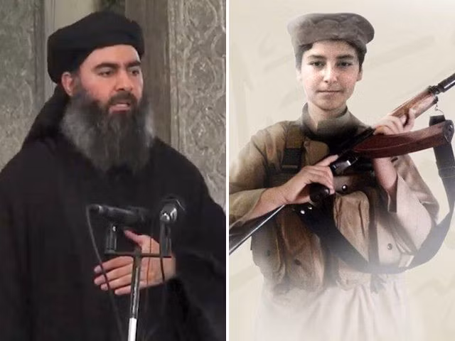 Thủ lĩnh IS Abu Bakr al-Baghdadi cùng bức ảnh được cho là của con trai hắn. Ảnh: ITN