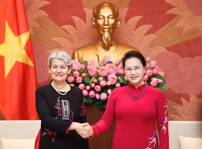 Chủ tịch Quốc hội Nguyễn Thị Kim Ngân và Tổng Giám đốc UNESCO Irina Bokova tại buổi tiếp.
