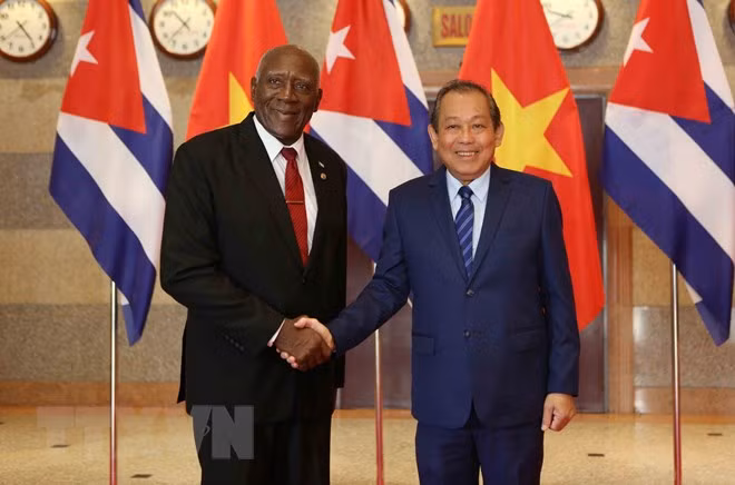Phó Thủ tướng Thường trực Trương Hòa Bình đón Phó Chủ tịch Cuba Salvador Valdés Mesa. Ảnh: TTXVN